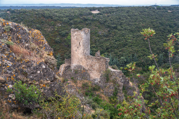 Chateau de Castelnaud seen from afar in the Céou valley, walking and hiking in summer