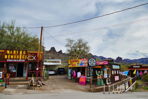 Oatman, USA, 2-16-2019. Souvenir shops in the touristy old mining town of Oatman, Mohave County, Arizona,  on the foot of rocky peaks.