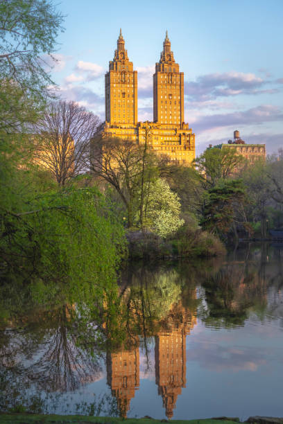 Central Park in spring with towers on Central Park West