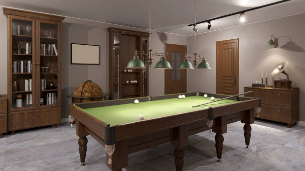 Billiard table green 3d render interior design salon classic retro vintage style
