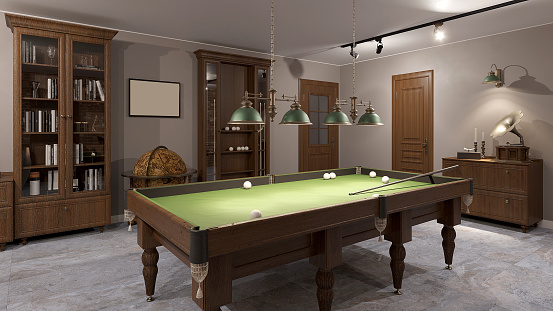 Billiard room in grey beige pastel with green table curved legs wooden classic cabinets, retro vintage style 3D render. Cozy interior design