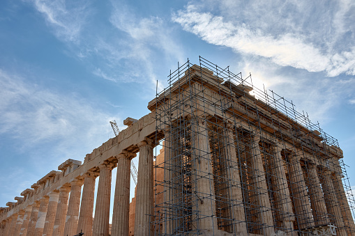 The Parthenon, Acropolis of Athens, Greece. Scaffolding of the famous Greek temple during its restoration and reconstruction
