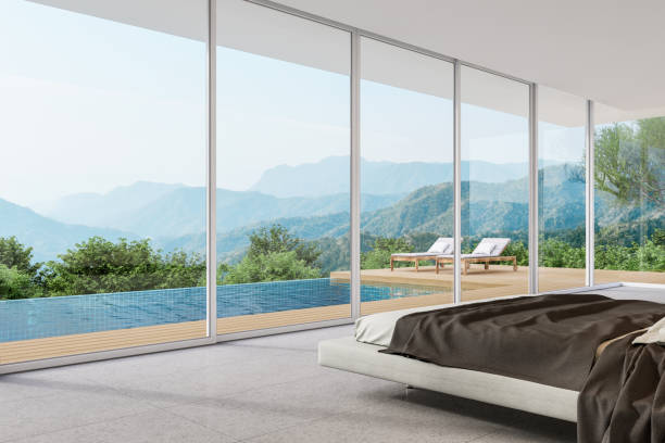 istock Modern contemporary loft style bedroom with swimming pool and mountain view 3d render 2148749896