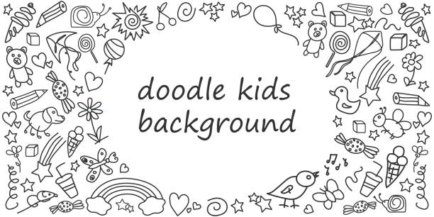 Outline drawn cartoon elements frame Kids doodle background. Template with children's black drawings. Horizontal frame. Outline drawn cartoon elements toy store stock illustrations