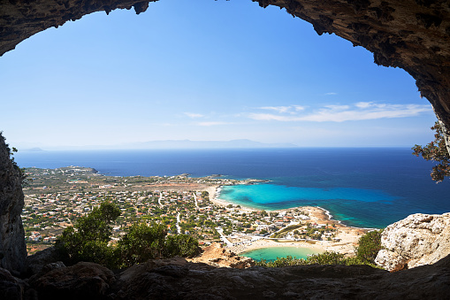 View from the cave to the sea and beaches in Stavros  on the island of Crete, Greece