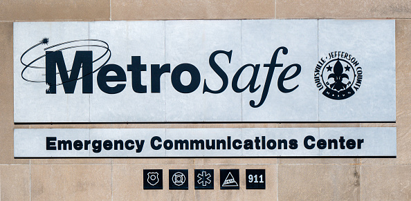 Louisville KY USA - Apr 15 2024: Sign designating the headquarters of MetroSafe, the emergency communications center for police, fire and medical services in Metro Louisville, Kentucky. Metro Louisville was formed in 2003 by combining the governments of the City of Louisville and Jefferson County, Kentucky. There are a few independent cities within the metro boundaries and MetroSafe provides services to them as well.