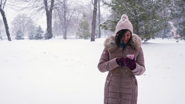 Young Happy Woman Texting On Her Phone In A Snowy Park In Winter