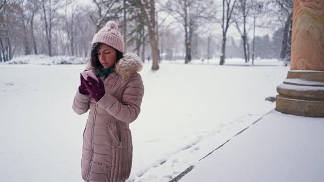 Young Woman Talking Angrily On Her Phone In A Snowy Park In Winter