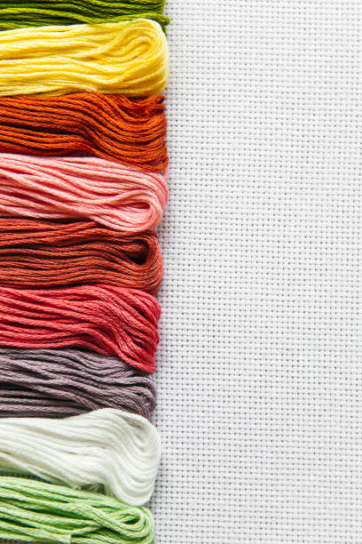 istock flat lay for needlework and cross-stitch: multi-colored mouline thread on a white canvas aida 16 counts, place for text 1 2148751175