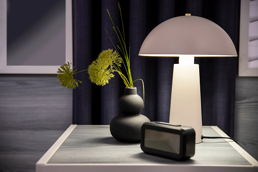 Electric Lamp, black vase with green plant and alarm clock on night table