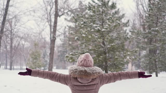 Young Woman With Arms Outstretched Enjoying Snowy Day In A Park In Winter