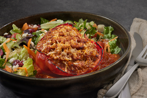 Stuffed Peppers with Ground Beef, Rice, Tomato Sauce, Parmesan Cheese and a Side Salad