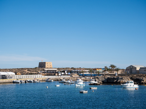 Tabarca, Spain; April 4th 2024: Tabarca Island habor. Province of Alicante