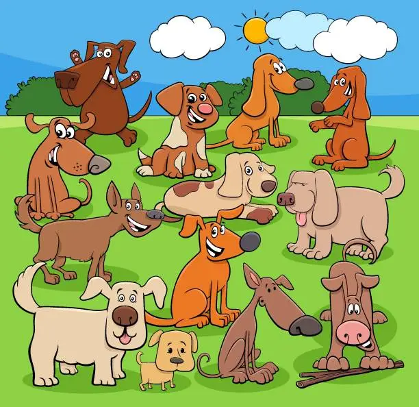 Vector illustration of cartoon playful dogs characters group in the meadow