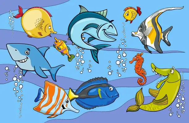 Vector illustration of cartoon fish and marine animal characters group