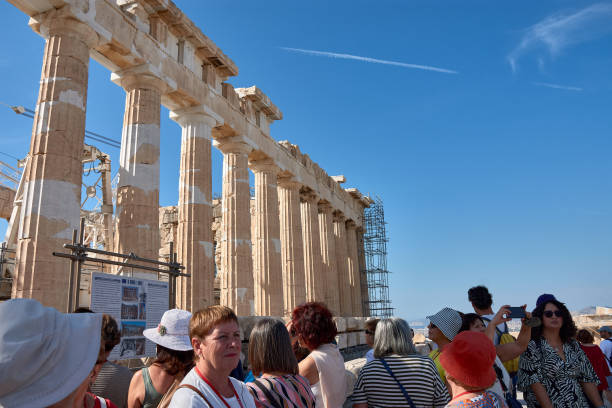Athens, Greece; October, 13,2022: View of the Parthenon at the Acropolis of Athens on a clear and hot day
