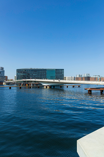 Copenhagen city scene with typical water canals and bridges