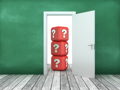 3D Opened Door with Question Mark Cubes - Chalkboard Background - 3D Rendering
