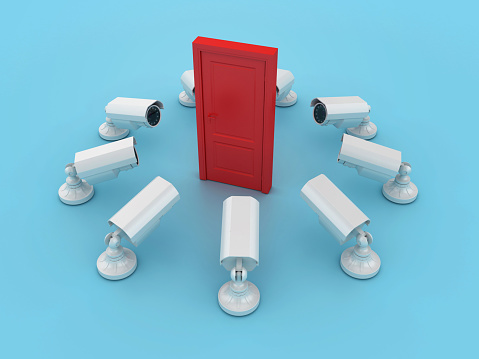 3D Closed Door with Security Cameras - Colored Background - 3D Rendering