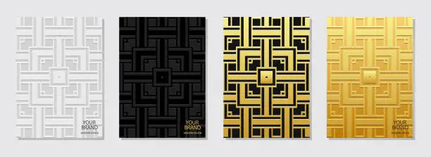 Vector illustration of A set of original covers, vertical templates. Collection of relief, geometric backgrounds with ethnic 3D patterns, handmade. Ornamental boho exoticism of the East, Asia, India, Mexico, Aztec.