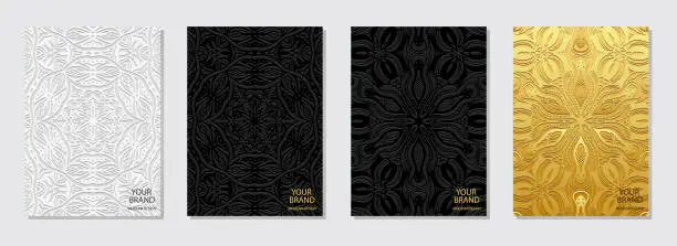Vector illustration of Set of abstract covers, vertical templates. Collection of relief, geometric backgrounds with ethnic 3D patterns, handmade. Ornamental boho exoticism of the East, Asia, India, Mexico, Aztec.