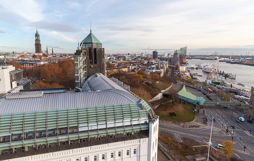 Hamburg, Germany - November 26, 2018: Aerial coastal city view photo taken on a daytime
