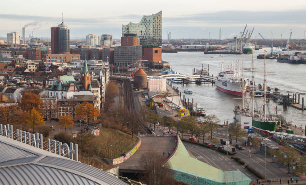 Hamburg, Germany - November 26, 2018: Hamburg port view with moored ships, aerial view