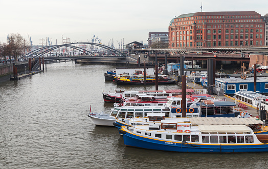 Hamburg, Germany - November 30, 2018: Pleasure boats are moored at floating piers in Binnenhafen, inner port of Hamburg