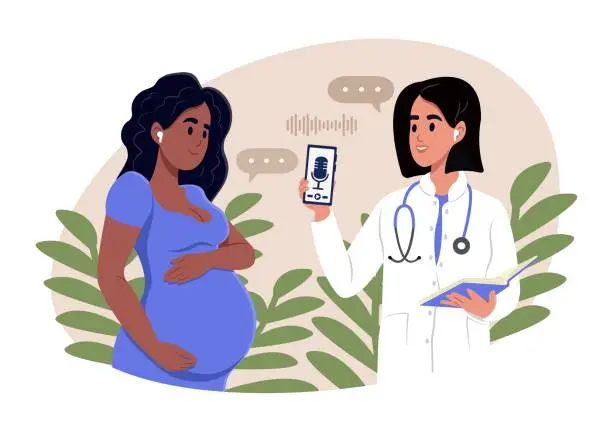 Vector illustration of A doctor recommends that a pregnant woman listen to podcasts for pregnant women. Audio therapy, sound healing rituals, positive habits for mental health.