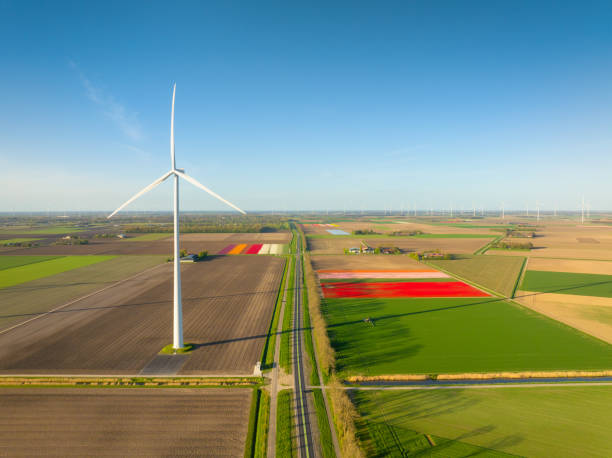 istock Fields and wind turbines. A wind generator on the  field. View from drone. Green energy production. Landscape from air at the day time. Photo for wallpaper and background. 2148756037