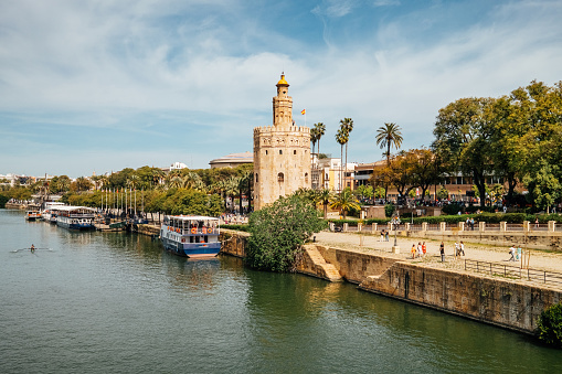 Golden tower (Torre del Oro) along the Guadalquivir river, Seville (Andalusia), Spain.