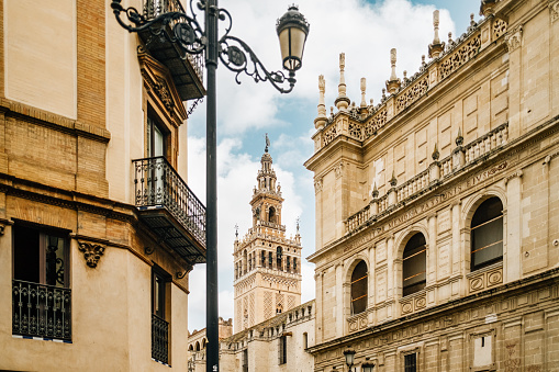 Seville Cathedral with La Giralda tower. Famous landmark in Spain.