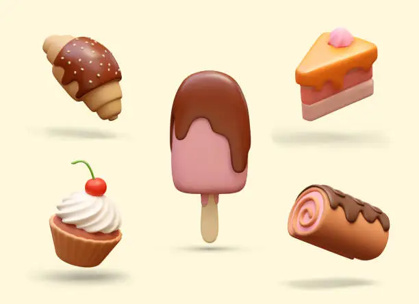 Vector illustration of Realistic popsicle with topping, cupcake with cherry, croissant, piece of cake, Swiss roll