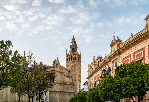 Seville Cathedral with La Giralda tower. Famous landmark in Spain.