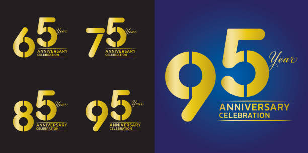 illustrazioni stock, clip art, cartoni animati e icone di tendenza di set di 65 a 95 anni di design del logotipo dell'anniversario, 65, 75, 85, 95 numero di design, modello di anniversario, elementi di design vettoriale dell'anniversario per biglietto d'invito, poster, volantino, vettore di colore oro - cerimonia degli oscar