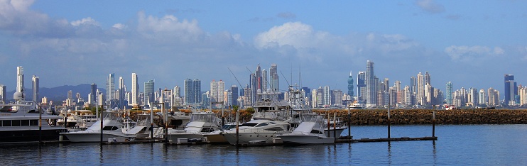 Panama January  1, 2012:  Panoramic view of the Downtown Panama City skyline viewed from The Amador  Causeway