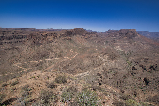 View around mirador astronomico on Gran Canaria, deep blue sky, sunny day, succulents and rocks