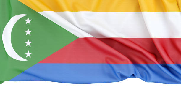 Flag of Comoros isolated on white background with copy space below. 3D rendering