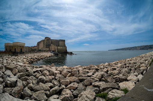 Naples, Campania, Italy - 9, April 2024: The seafront of Naples, from via Partenope to via Caracciolo, from Castel dell'Ovo to the chalets of Mergellina to enjoy the beautiful gulf of Naples