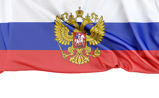 Flag of Russia with Coat of Arms isolated on white background with copy space below. 3D rendering