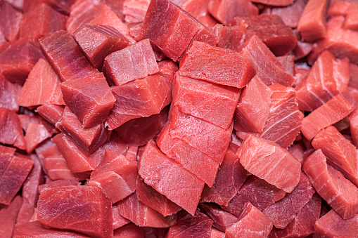 Red lean pieces of premium tuna fish.