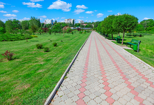 Walkway in the park with green grass and blue sky background