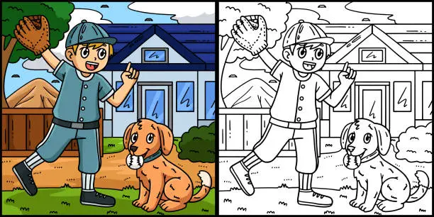 Vector illustration of Boy and Dog Playing Baseball Coloring Illustration