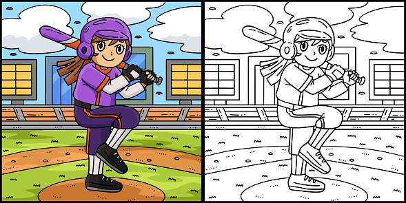 This coloring page shows a Girl Bracing a Baseball Bat. One side of this illustration is colored and serves as an inspiration for children.