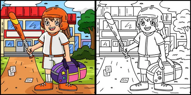 Vector illustration of Girl with Sports Bag and Baseball Bat Illustration