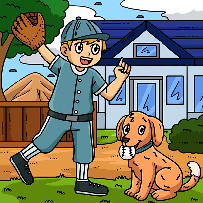 This cartoon clipart shows a Boy and Dog Playing Baseball illustration.