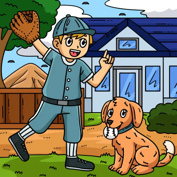 Vector illustration of Boy and Dog Playing Baseball Colored Cartoon