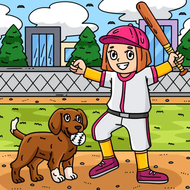 Vector illustration of Girl Playing Baseball with a Dog Colored Cartoon