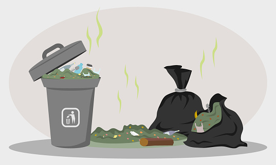 Rubbish and trash bags lying around dump. Black trash bags and garbage container with unsorted trash. Vector illustration.