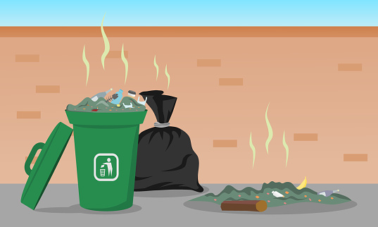 Piles of rubbish on city streets. Black trash bags and garbage container with unsorted trash. Vector illustration.